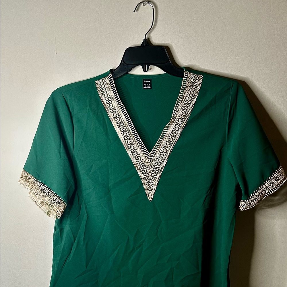Green V-Neck Top with Lace Trim